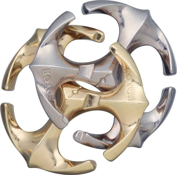The Hanayama Cast Rotor is a beautifully crafted mechanical puzzle made of shiny, interlocking metal pieces. The design features both gold and silver tones, showcasing a unique rotor shape that challenges the mind while providing an aesthetically pleasing look.