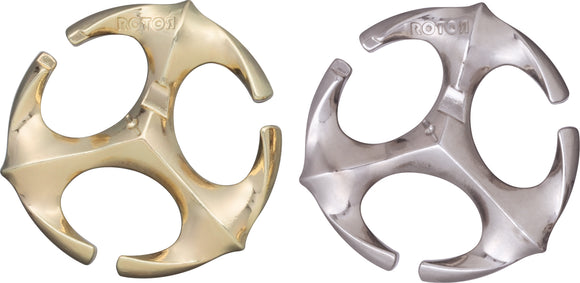 The Cast Rotor puzzle by Hanayama is a mechanical puzzle featuring a unique design with two intertwined pieces, one in a polished gold finish and the other in a sleek silver finish. The puzzle is designed to challenge users to separate and reassemble the pieces, providing an engaging and thoughtful experience for puzzle enthusiasts.