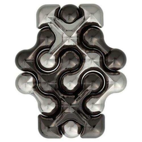 The Cast Dot mechanical puzzle by Hanayama features a striking design with interlocking shapes and smooth surfaces in a mix of black and metallic finishes. Its intricate patterns invite puzzlers to explore the challenge within, ideal for enhancing cognitive skills and providing hours of entertainment.