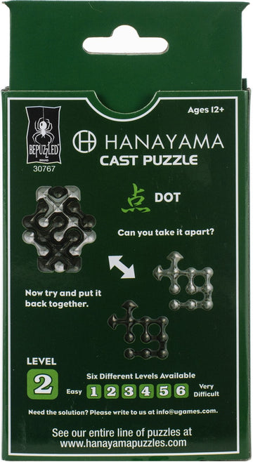 The Hanayama Cast Dot, a mechanical puzzle featuring a unique design of interlocking pieces. It challenges players to separate the pieces and then reassemble them. The packaging highlights its level 2 difficulty and showcases different configurations of the puzzle. Recommended for ages 12 and up, it promises hours of engaging problem-solving fun.