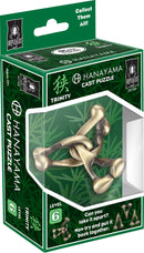 Hanayama Cast Trinity Mechanical Puzzle featuring a complex interlocking design. Includes a level 6 challenge, with a golden finish and packaging showcasing bamboo graphics. Ideal for puzzle enthusiasts aged 12 and up, inviting users to take it apart and reassemble.