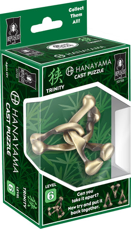 Hanayama Cast Trinity Mechanical Puzzle featuring a complex interlocking design. Includes a level 6 challenge, with a golden finish and packaging showcasing bamboo graphics. Ideal for puzzle enthusiasts aged 12 and up, inviting users to take it apart and reassemble.