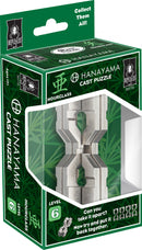 The Hanayama Cast Hourglass puzzle features a sleek metallic design with intricate geometric shapes. Packaged in a vibrant green box, it showcases the puzzle's level 6 difficulty and challenges players to disassemble and reassemble the pieces. Ideal for puzzle enthusiasts and collectors, this mechanical puzzle combines artistry and brain-teasing fun.