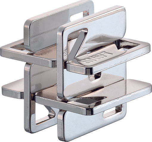 The Cast Hashtag mechanical puzzle by Hanayama showcases a sleek, interlocking design made of polished metal. The puzzle features several geometric pieces with flat surfaces, designed for engaging problem-solving. Its shiny finish adds a modern touch, making it not only a challenging puzzle but also a stylish decorative item.