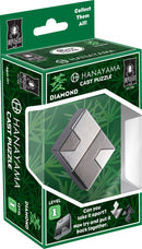 The Hanayama Cast Diamond puzzle is a challenging mechanical puzzle that comes in an attractive green box. The puzzle features a sleek metallic design and is labeled as level 1 difficulty, inviting users to take it apart and reassemble it. It’s ideal for puzzle enthusiasts looking to test their problem-solving skills.