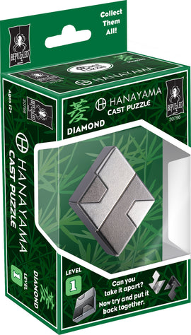 The Hanayama Cast Diamond puzzle is a challenging mechanical puzzle that comes in an attractive green box. The puzzle features a sleek metallic design and is labeled as level 1 difficulty, inviting users to take it apart and reassemble it. It’s ideal for puzzle enthusiasts looking to test their problem-solving skills.
