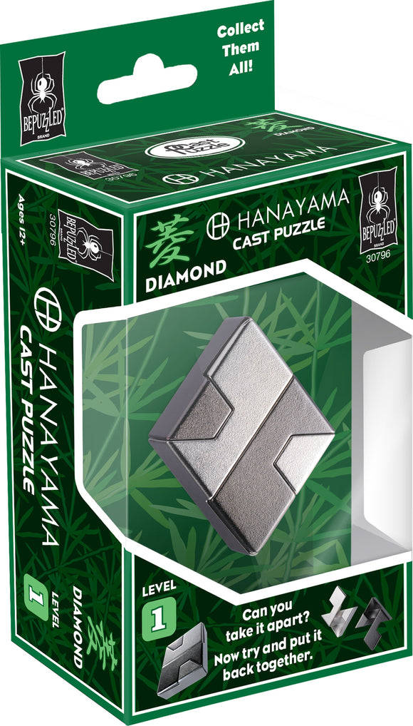 The Hanayama Cast Diamond puzzle is a challenging mechanical puzzle that comes in an attractive green box. The puzzle features a sleek metallic design and is labeled as level 1 difficulty, inviting users to take it apart and reassemble it. It’s ideal for puzzle enthusiasts looking to test their problem-solving skills.