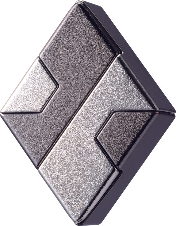 The Cast Diamond is a sleek, metallic mechanical puzzle by Hanayama, featuring a unique geometric design with smooth, polished surfaces and contrasting textures. Its diamond shape and intricate components invite puzzlers to engage their problem-solving skills as they manipulate the pieces to solve the puzzle.