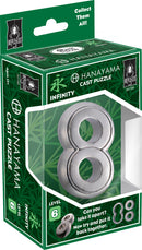 The Hanayama Cast Infinity mechanical puzzle, featuring a sleek metal design shaped like the number eight. The packaging displays vibrant green colors with illustrations and detailed instructions. This challenging level 6 puzzle is perfect for puzzle enthusiasts. Encourage critical thinking and problem-solving as you strive to take it apart and put it back together.