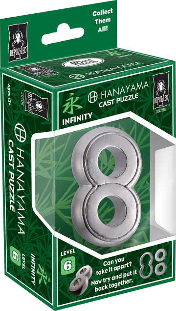 The Hanayama Cast Infinity mechanical puzzle, featuring a sleek metal design shaped like the number eight. The packaging displays vibrant green colors with illustrations and detailed instructions. This challenging level 6 puzzle is perfect for puzzle enthusiasts. Encourage critical thinking and problem-solving as you strive to take it apart and put it back together.