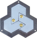 Hanayama Cast Hexagon mechanical puzzle featuring three interlocking hexagonal pieces connected by golden spheres. The design is sleek and metallic, showcasing fine craftsmanship with an engaging challenge for puzzle enthusiasts.