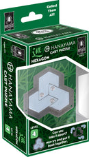 The Hanayama Cast Hexagon mechanical puzzle is featured in its colorful packaging, highlighting its unique hexagonal shape made from durable materials. The puzzle showcases a level 4 difficulty, challenging users to take it apart and reassemble it. The box is designed with vibrant green accents and includes instructions, suitable for ages 12 and up.