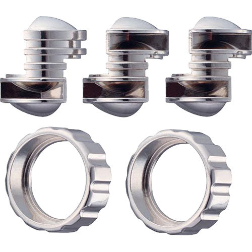 The Cast Cylinder puzzle by Hanayama features four intricately designed metallic pieces, showcasing a combination of smooth and ribbed surfaces. These pieces are crafted to interlock and challenge the user, making it a fantastic mechanical puzzle for enthusiasts. The shiny finish reflects light, highlighting its complexity and elegance.