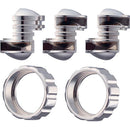 The Cast Cylinder puzzle by Hanayama features four intricately designed metallic pieces, showcasing a combination of smooth and ribbed surfaces. These pieces are crafted to interlock and challenge the user, making it a fantastic mechanical puzzle for enthusiasts. The shiny finish reflects light, highlighting its complexity and elegance.