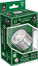 Hanayama Cast Cylinder mechanical puzzle featuring a sleek metallic design. The packaging showcases its level 4 challenge, encouraging users to take apart and reassemble the puzzle, perfect for puzzle enthusiasts seeking a brainteaser.