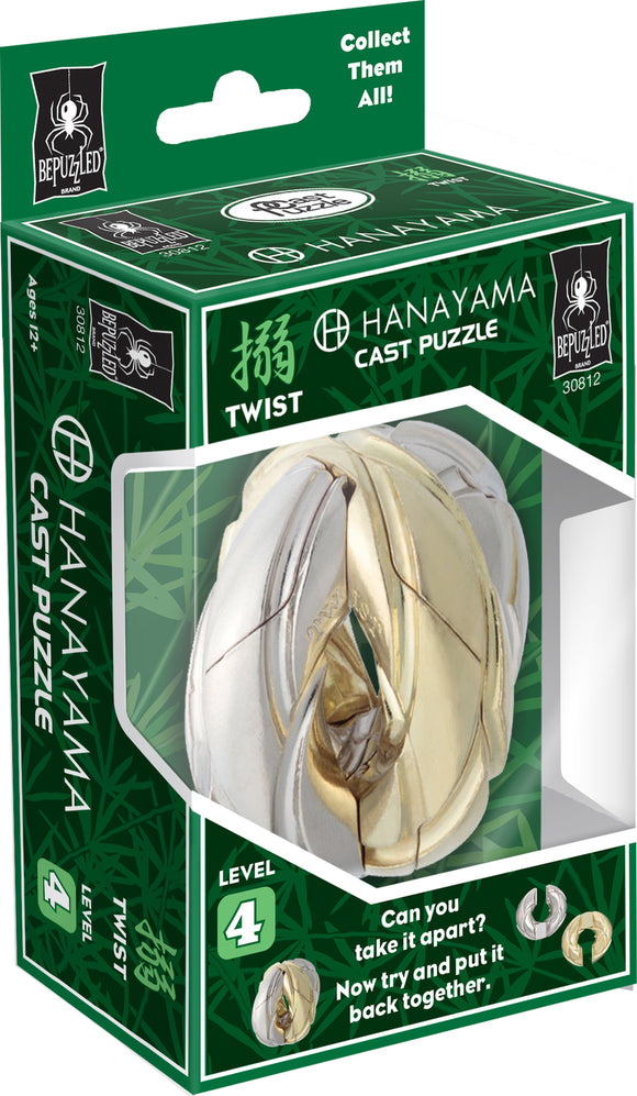 The Hanayama Cast Twist is a challenging mechanical puzzle featuring a unique design that tests your dexterity and problem-solving skills. Made of metal, it showcases a captivating twist-shaped figure in shades of silver and gold, packaged in an eye-catching green box that highlights its level 4 difficulty. Perfect for puzzle enthusiasts and those looking for a stimulating brain teaser.