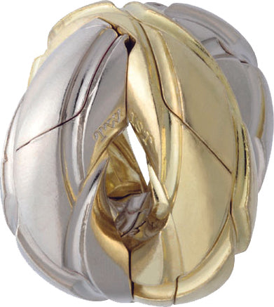 The Hanayama Cast Twist is a complex mechanical puzzle featuring interlocking metal pieces. The design is a blend of polished silver and gold tones, showcasing intricate craftsmanship with smooth curves and a twisting structure that challenges the mind and enhances problem-solving skills.