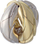 The Hanayama Cast Twist is a complex mechanical puzzle featuring interlocking metal pieces. The design is a blend of polished silver and gold tones, showcasing intricate craftsmanship with smooth curves and a twisting structure that challenges the mind and enhances problem-solving skills.