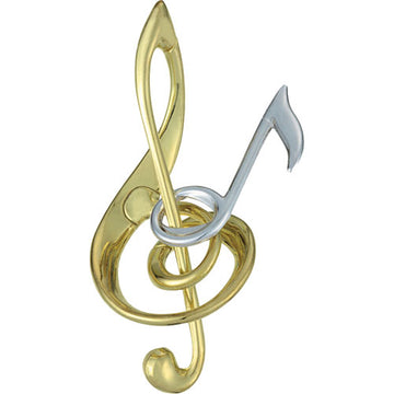 The Cast Harmony mechanical puzzle by Hanayama features an intricate design shaped like a treble clef and a musical note. Crafted from durable metal, it showcases a shiny gold and silver finish, emphasizing its elegant and artistic appeal. This challenging puzzle engages the mind as you work to separate the pieces and brings a symphony of fun and creativity to your puzzle collection.