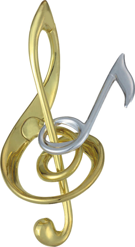 The Cast Harmony mechanical puzzle by Hanayama features a beautifully designed treble clef and a musical note intertwined. The treble clef is rendered in a shiny gold finish, while the musical note is in silver, creating a visually stunning contrast. This intricate puzzle challenges users to separate the two pieces and presents a unique blend of art and problem-solving.