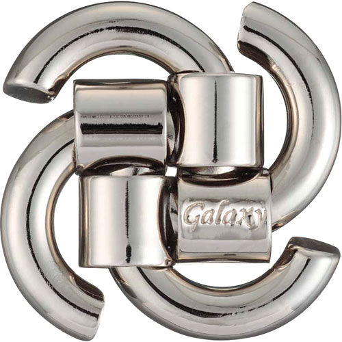 The Cast Galaxy by Hanayama is a stunning mechanical puzzle made of shiny, interlocking metal pieces arranged in a captivating spiral design. This intricate puzzle challenges solvers to separate the pieces and reassemble them, promoting critical thinking and problem-solving skills. The polished surface reflects light beautifully, making it not only a challenging puzzle but also an eye-catching decorative piece.