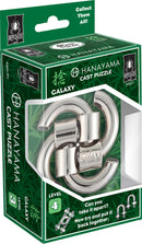 The Hanayama Cast Galaxy puzzle features a clever mechanical design with interlocking metal pieces. The packaging displays bold graphics and highlights the puzzle's level of difficulty (Level 4). Perfect for puzzle enthusiasts looking for a challenge, this mechanical puzzle requires patience and skill to disassemble and reassemble.