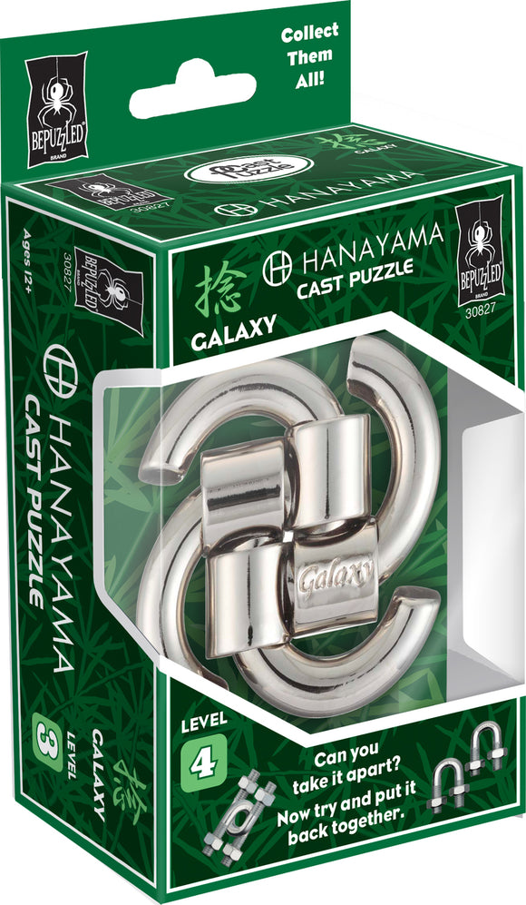 The Hanayama Cast Galaxy puzzle features a clever mechanical design with interlocking metal pieces. The packaging displays bold graphics and highlights the puzzle's level of difficulty (Level 4). Perfect for puzzle enthusiasts looking for a challenge, this mechanical puzzle requires patience and skill to disassemble and reassemble.