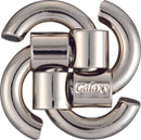 Hanayama's Cast Galaxy mechanical puzzle, featuring intricate metal pieces with a shiny chrome finish. The puzzle consists of interlocking shapes that challenge the mind and provide a tactile, engaging experience. Its sleek design and robust construction make it a perfect addition to any puzzle enthusiast's collection.