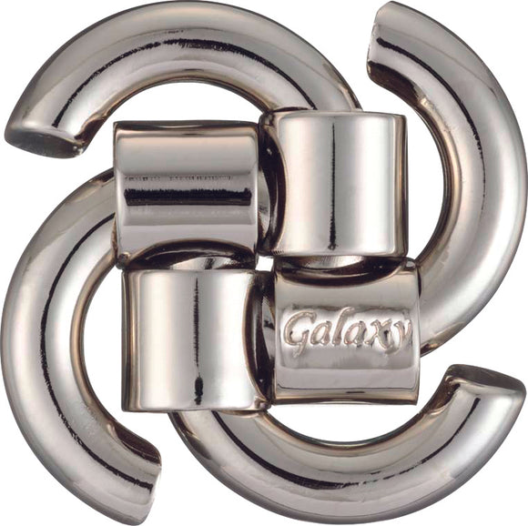 Hanayama's Cast Galaxy mechanical puzzle, featuring intricate metal pieces with a shiny chrome finish. The puzzle consists of interlocking shapes that challenge the mind and provide a tactile, engaging experience. Its sleek design and robust construction make it a perfect addition to any puzzle enthusiast's collection.