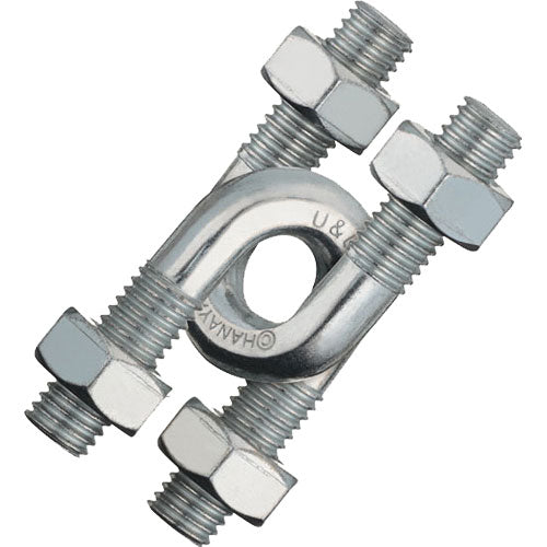 The Cast U&U mechanical puzzle by Hanayama features a unique design resembling two steel components connected by various sized bolts and nuts, creating an intriguing challenge for puzzle enthusiasts. The shiny metallic finish adds an elegant touch, making it a standout piece for collectors.