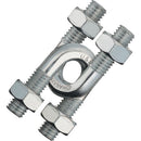 The Cast U&U mechanical puzzle by Hanayama features a unique design resembling two steel components connected by various sized bolts and nuts, creating an intriguing challenge for puzzle enthusiasts. The shiny metallic finish adds an elegant touch, making it a standout piece for collectors.