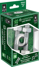 The Hanayama Cast U&U mechanical puzzle is displayed in a colorful box featuring images of the puzzle. The puzzle consists of metal bolts and a U-shaped piece intricately designed to challenge solvers. It includes the difficulty level of 4 and instructions indicating the challenge of taking it apart and reassembling it. The box showcases a vibrant green background with a spider logo for the Bepuzzled brand, appealing to puzzle enthusiasts and collectors.