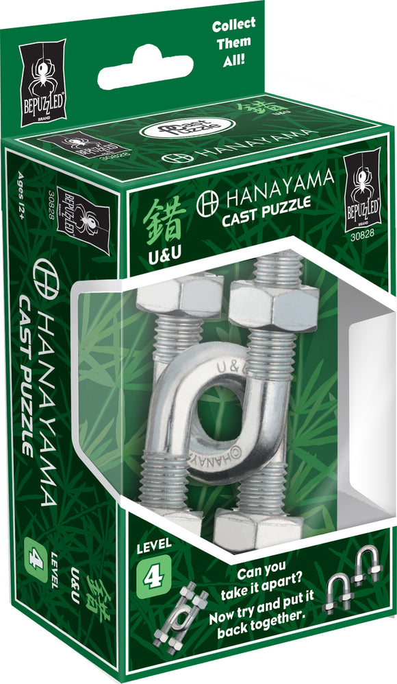 The Hanayama Cast U&U mechanical puzzle is displayed in a colorful box featuring images of the puzzle. The puzzle consists of metal bolts and a U-shaped piece intricately designed to challenge solvers. It includes the difficulty level of 4 and instructions indicating the challenge of taking it apart and reassembling it. The box showcases a vibrant green background with a spider logo for the Bepuzzled brand, appealing to puzzle enthusiasts and collectors.