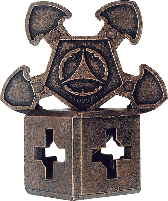 The Cast O'Gear is a sophisticated mechanical puzzle made by Hanayama, featuring a unique design with rotating elements and a textured bronze finish. This brain-teaser challenges users to manipulate its components to find a way to disassemble and reassemble the intricate structure, offering both aesthetic appeal and a rewarding challenge for puzzle enthusiasts.