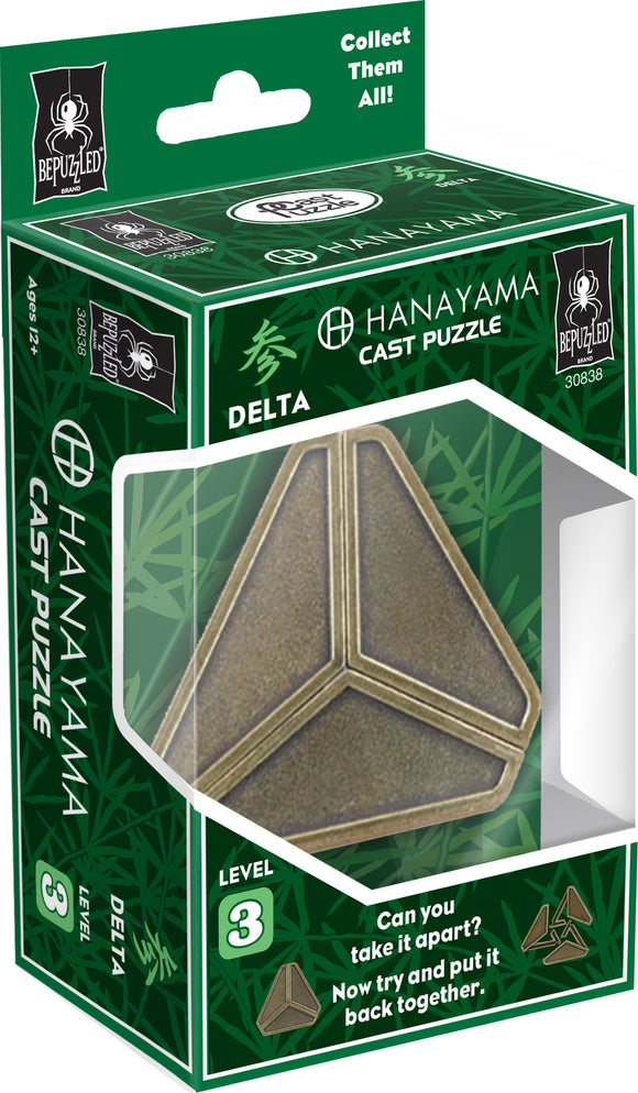 The Cast Delta mechanical puzzle by Hanayama features a triangular design that challenges the solver to take it apart and then reassemble it. The puzzle is packaged in a vibrant green box with instructions and a difficulty level indicated as level 3. The puzzle encourages critical thinking and problem-solving skills, making it an engaging activity for puzzle enthusiasts or as a gift.