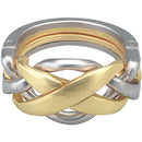 A beautifully crafted Cast Ring puzzle by Hanayama featuring intertwined metallic rings in silver and gold. The design showcases an intricate mechanical structure, designed for challenging puzzle enthusiasts. This unique ring puzzle offers a satisfying tactile experience as you manipulate the pieces.