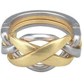 A beautifully crafted Cast Ring puzzle by Hanayama featuring intertwined metallic rings in silver and gold. The design showcases an intricate mechanical structure, designed for challenging puzzle enthusiasts. This unique ring puzzle offers a satisfying tactile experience as you manipulate the pieces.