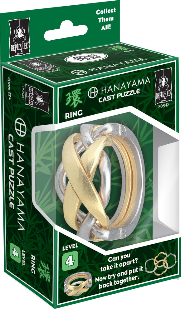 Hanayama Cast Ring Mechanical Puzzle in packaging. The puzzle features intertwined metallic rings in silver and gold, designed for ages 12 and up. It presents a challenging level 4 difficulty, encouraging users to take it apart and reassemble it. The box showcases a bamboo-themed background and includes a 'Collect Them All!' tagline.