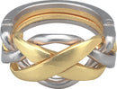 A beautifully crafted mechanical puzzle ring by Hanayama, featuring intertwining metallic strands in gold and silver, showcasing intricate design and craftsmanship. The ring appears to challenge the user to separate and reassemble its components, making it a captivating brain teaser for puzzle enthusiasts.