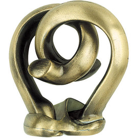 A detailed view of the Hanayama Cast Radix, a mechanical puzzle. The puzzle features intricate loops and curves in a bronze finish, showcasing its unique design and craftsmanship for enthusiasts.