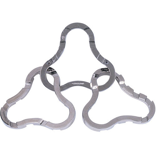 The Cast Coaster by Hanayama is a unique mechanical puzzle featuring three interlocking metallic rings, showcasing intricate design and craftsmanship. The shiny, silver finish gives it a modern and stylish appearance, making it a perfect addition to any puzzle collection or as a decorative item.