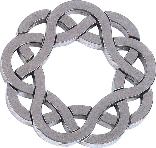 The Cast Coaster by Hanayama is an intricate mechanical puzzle featuring a sleek, interwoven metal design shaped like a continuous loop. Its unique, elegant form invites tactile exploration and mental challenge, perfect for puzzle enthusiasts of all ages.