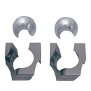 A close-up image of the Cast Marble mechanical puzzle by Hanayama, featuring two intricately designed metallic pieces. One piece is a curved shell shape, while the other has angular grooves, showcasing a combination of polished and matte finishes. The puzzle is designed to interlock perfectly, challenging users to separate and reassemble the pieces, providing an engaging brain-teaser experience.