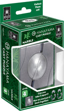 The Hanayama Cast Marble puzzle, featuring a sleek design with a metal finish. Packaged in green and branded with the Bepuzzled logo. It is labeled as a Level 4 difficulty puzzle, challenging players to take it apart and reassemble it. Suitable for ages 12 and up.