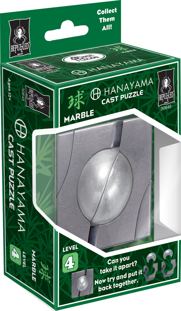 The Hanayama Cast Marble puzzle, featuring a sleek design with a metal finish. Packaged in green and branded with the Bepuzzled logo. It is labeled as a Level 4 difficulty puzzle, challenging players to take it apart and reassemble it. Suitable for ages 12 and up.