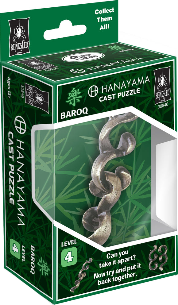 The Hanayama Cast Baroq mechanical puzzle is showcased in its green box packaging. The puzzle features intricate metal shapes that challenge the user to take it apart and reassemble it. The packaging includes details like 'Level 4' for difficulty, instructions on the front, and a visible representation of the puzzle pieces, enhancing its appeal to puzzle enthusiasts.