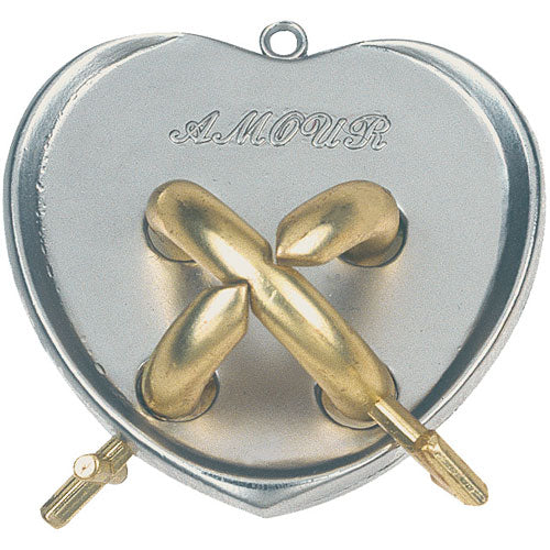 Hanayama Cast Amour mechanical puzzle featuring a heart-shaped design with golden interlocking parts and the word 'AMOUR' engraved on the surface. Ideal for puzzle enthusiasts seeking a unique challenge.