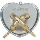 Hanayama Cast Amour mechanical puzzle featuring a heart-shaped design with golden interlocking parts and the word 'AMOUR' engraved on the surface. Ideal for puzzle enthusiasts seeking a unique challenge.