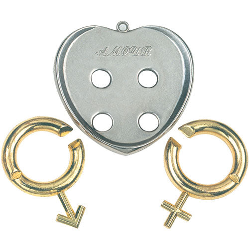 Cast Amour Mechanical Puzzle by Hanayama features a heart-shaped centerpiece and two interlocking gender symbol pieces in gold and silver. This intricate puzzle challenges your mind as you figure out how to separate and reassemble the pieces, showcasing both beauty and complexity.