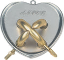 The Cast Amour mechanical puzzle by Hanayama features a heart-shaped design with the word 'AMOUR' engraved on top. It showcases intricate golden intertwined pieces, emphasizing its complexity and unique challenge, perfect for puzzle enthusiasts.